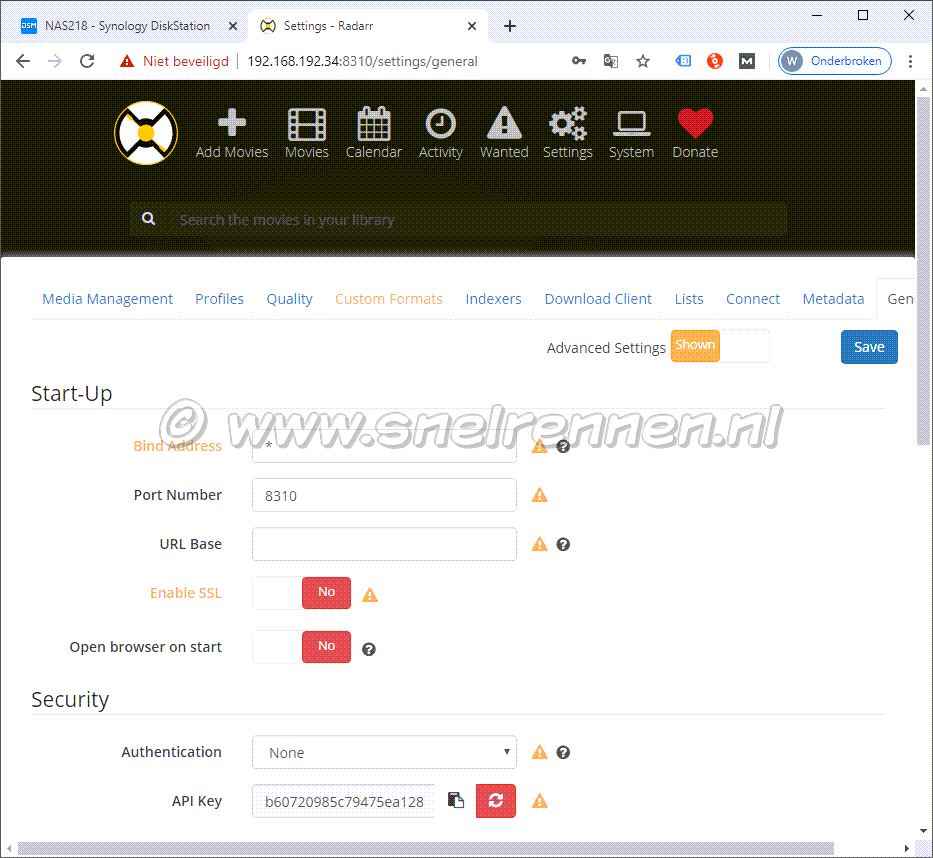 Radarr settings, tablad general