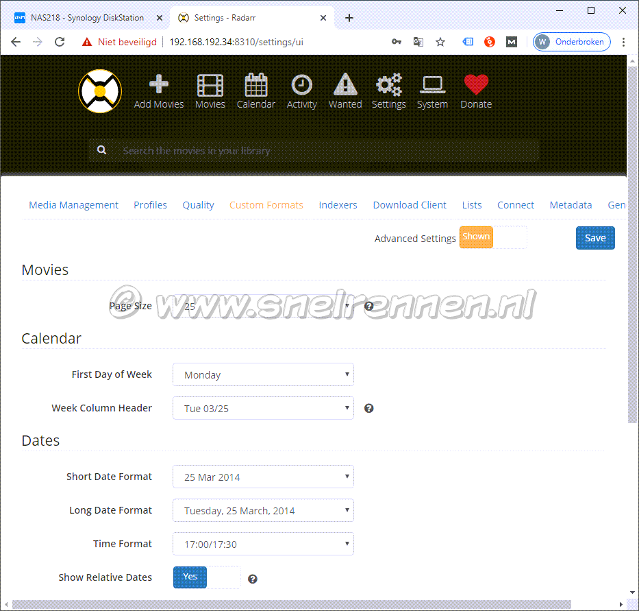 Radarr settings, tablad UI