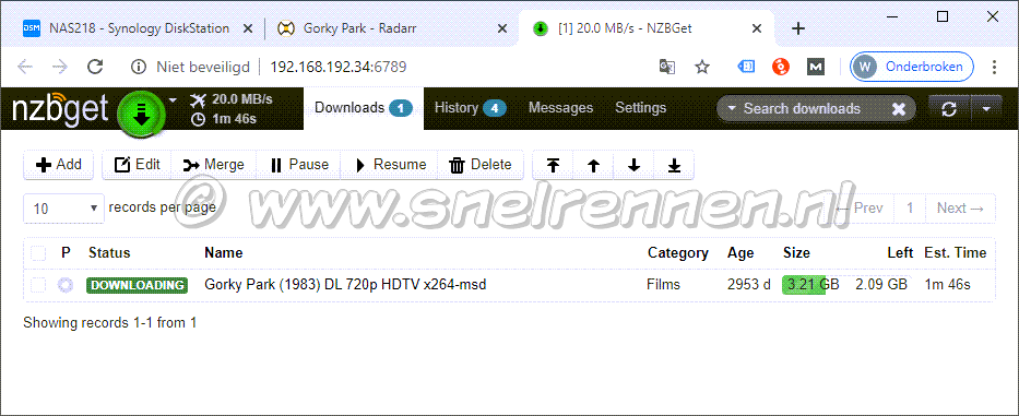 Radar, film word gedownload door NZBGet