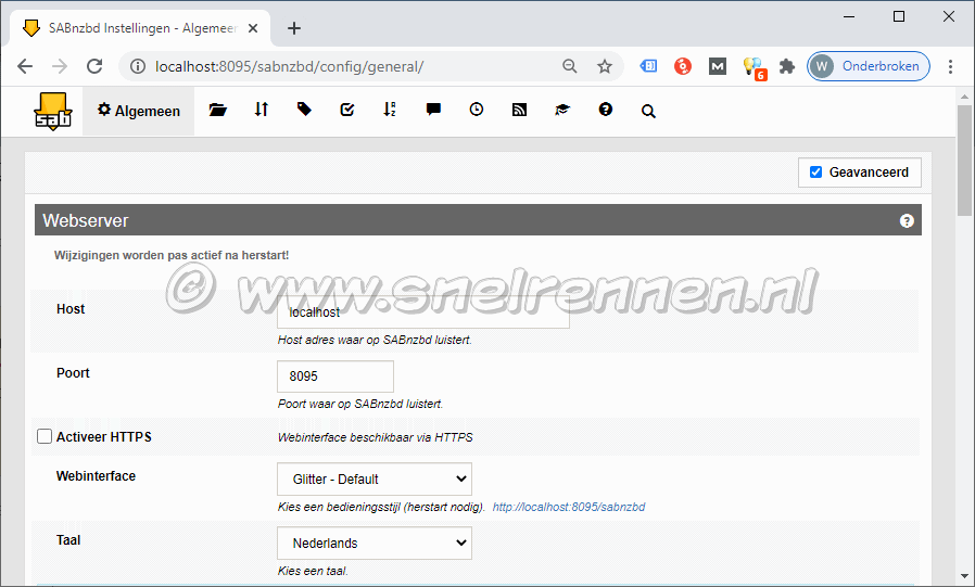 SABnzbd configurate, tabblad algemeen - Webserver