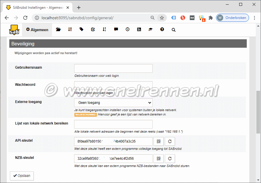 SABnzbd configurate, tabblad algemeen - Beveiliging