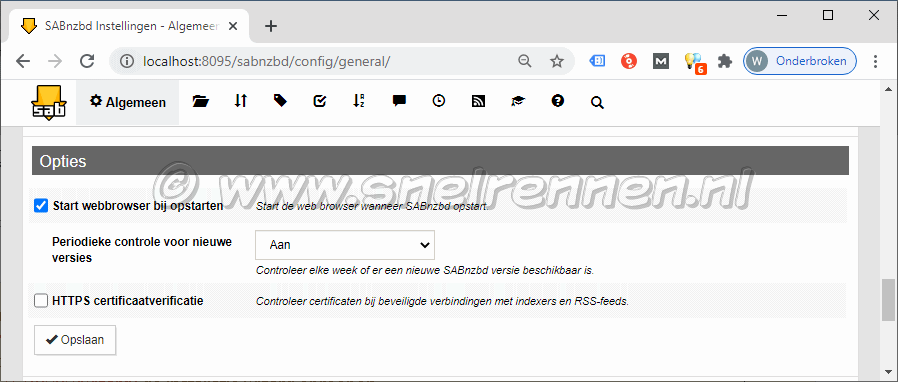 SABnzbd configurate, tabblad algemeen - Opties