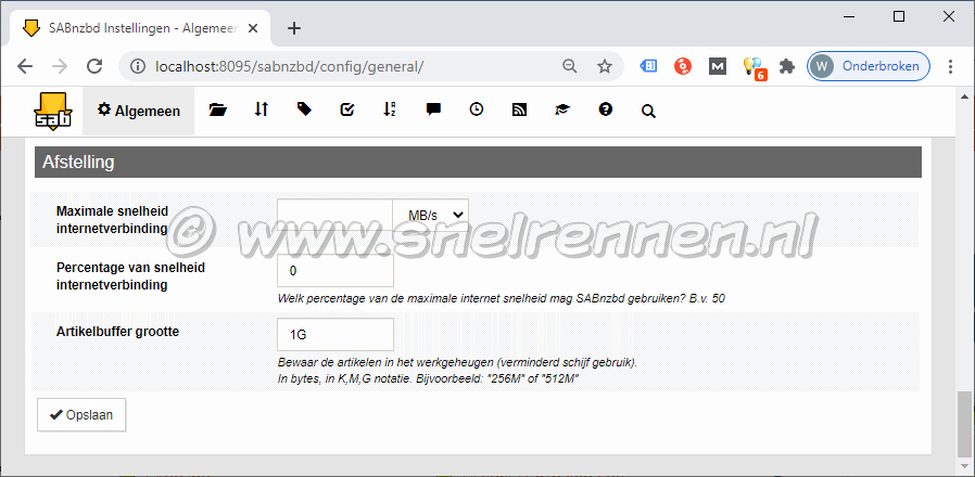 SABnzbd configurate, tabblad algemeen - Afstelling