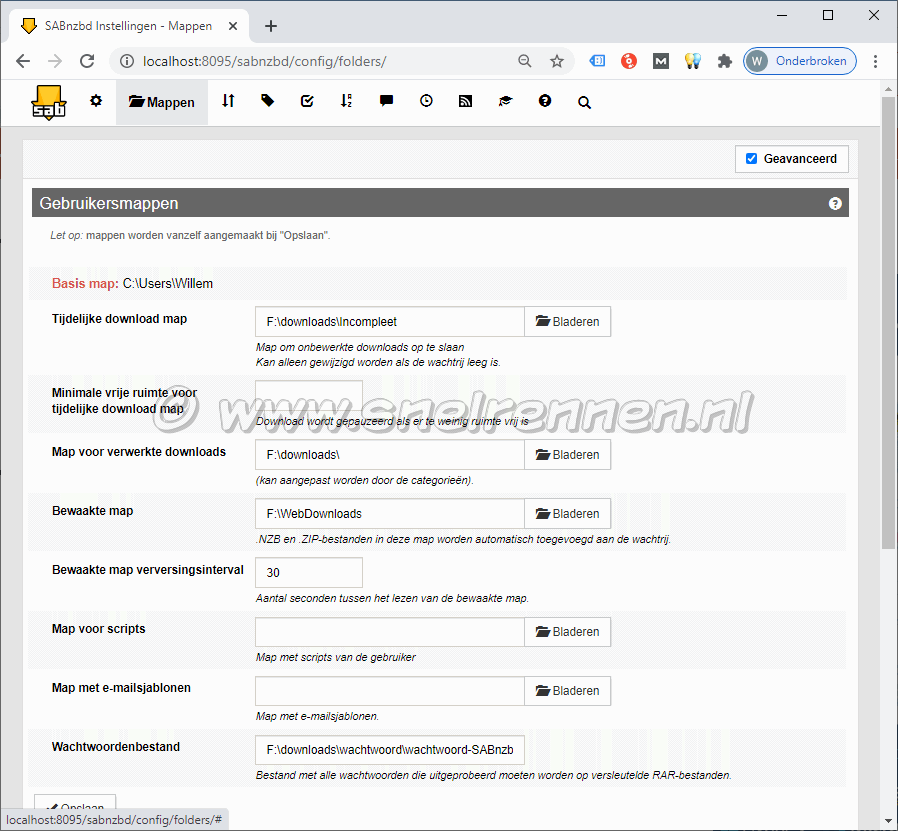 SABnzbd configurate, tabblad Mappen - Gebruikersmappen