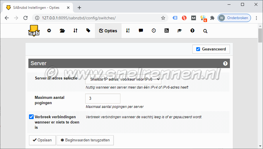 SABnzbd configurate, tabblad Opties - Server