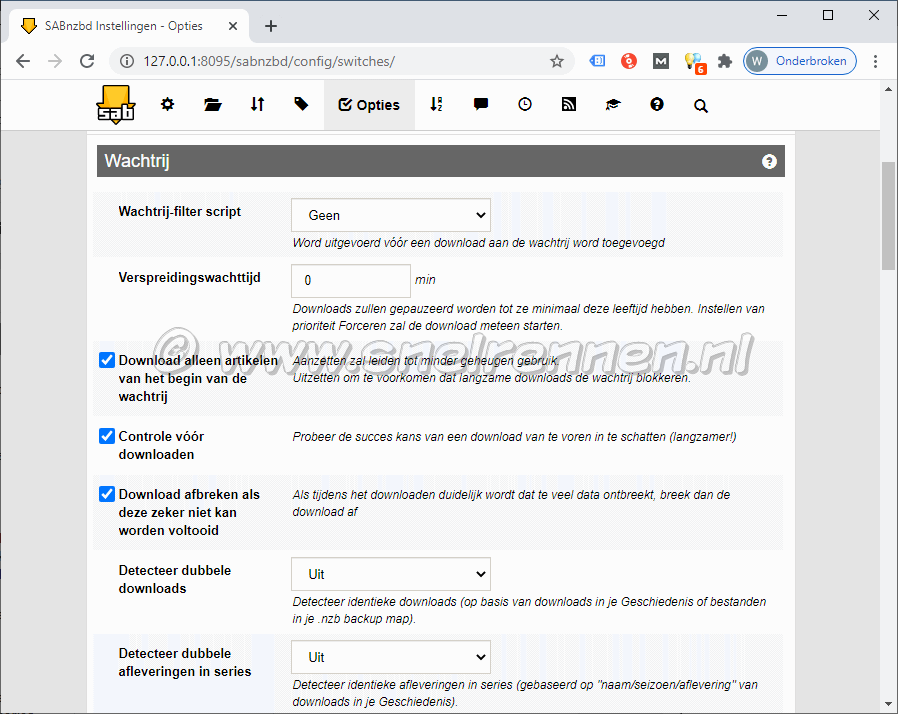 SABnzbd configurate, tabblad Opties - Wachtrij-1