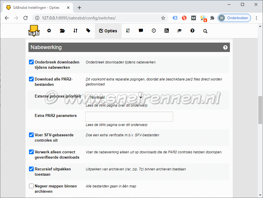 SABnzbd configurate, tabblad Opties - Nabewerking-1