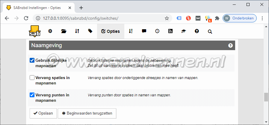 SABnzbd configurate, tabblad Opties - Naamgeving