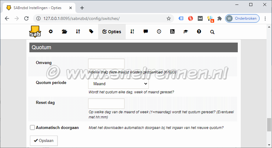 SABnzbd configurate, tabblad Opties - Quotum