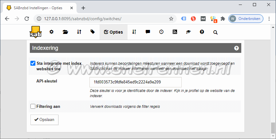SABnzbd configurate, tabblad Opties - Indexering