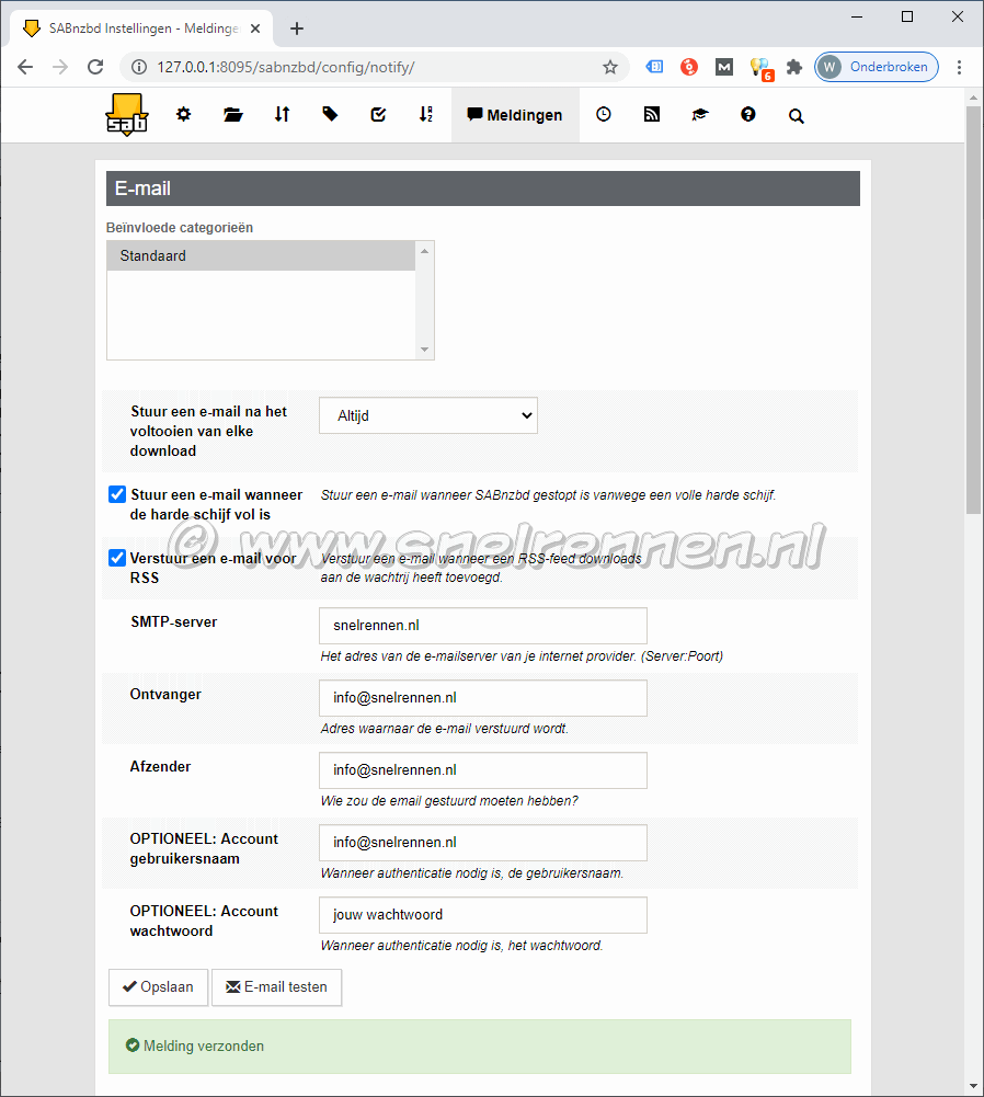 SABnzbd configurate, tabblad Meldingen- Email