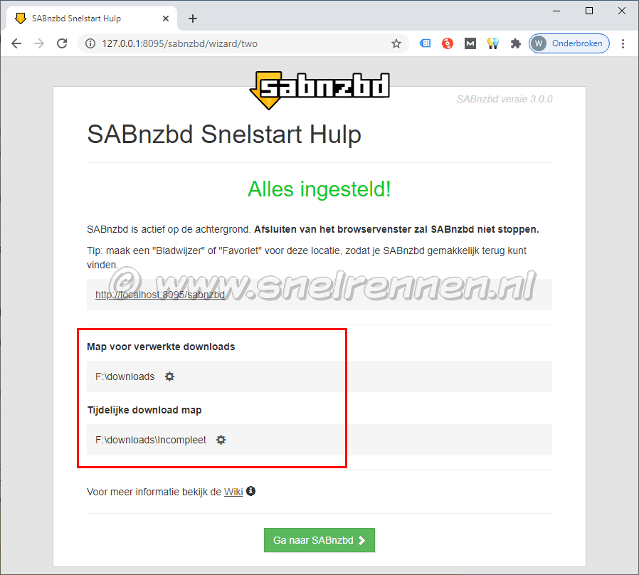 SABnzbd, instellen gereed