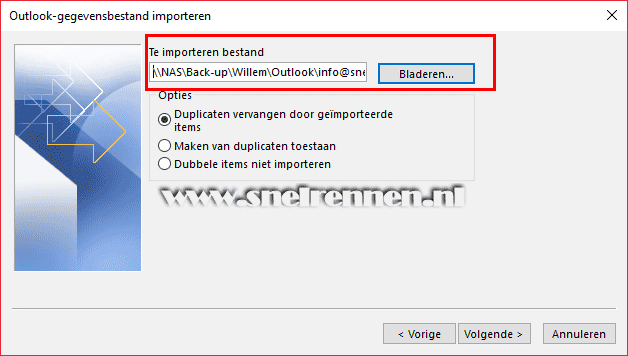 Outlook, te importeren gegevensbestand