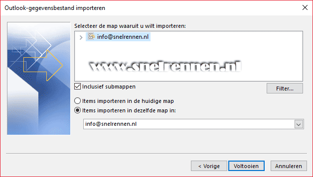 Outlook, importeren voltooien