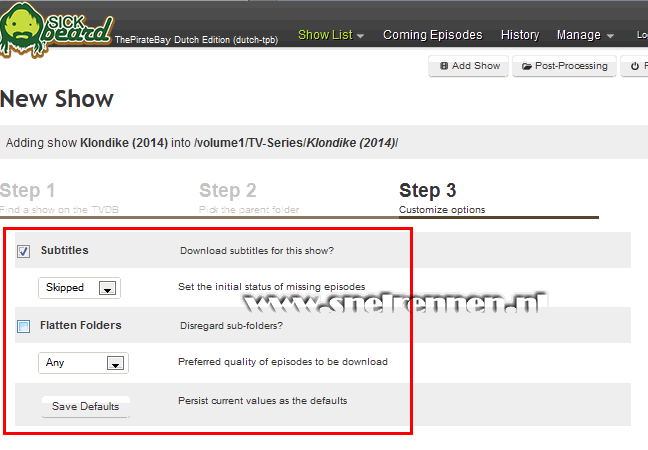 SickBeard, Add new show - Stap 3