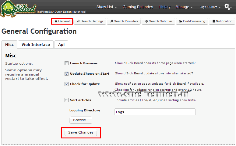 SickBeard configuration, general configuration Misc