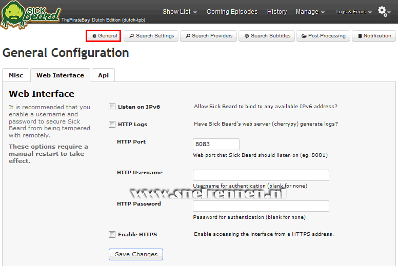 SickBeard configuration, general configuration Web Interface