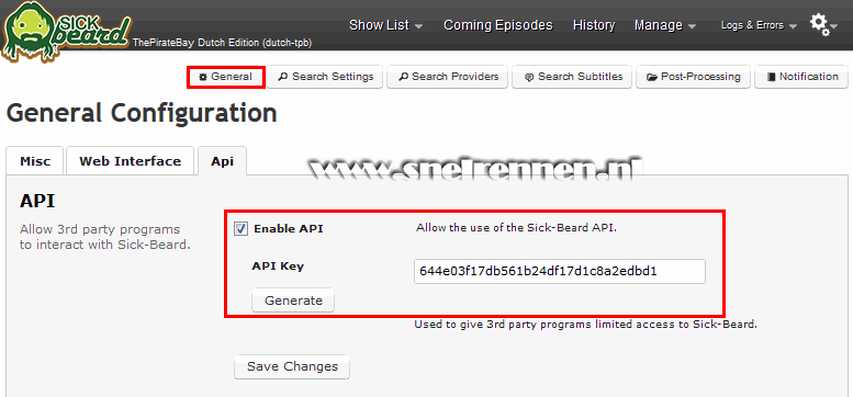 SickBeard configuration, general configuration Api key