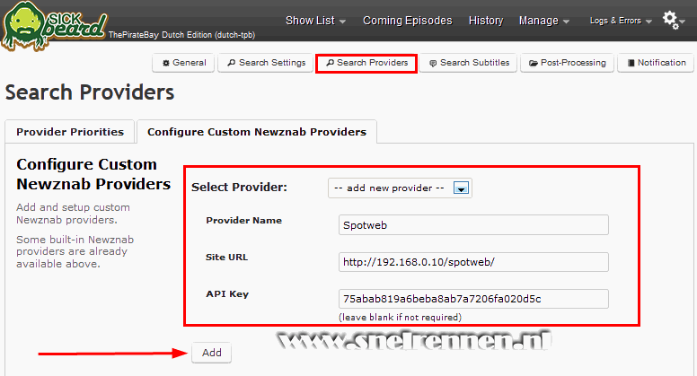 SickBeard configuration, search settings configuration, search provider toevoegen