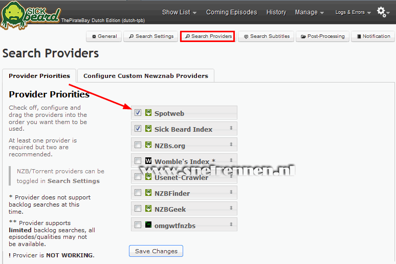 SickBeard configuration, search settings configuration, search providers