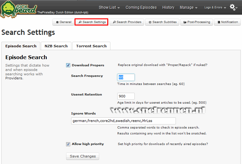 SickBeard configuration, search settings configuration, episode search