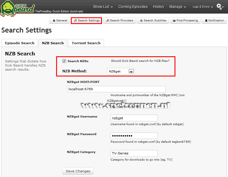 SickBeard configuration, search settings configuration, NZB search