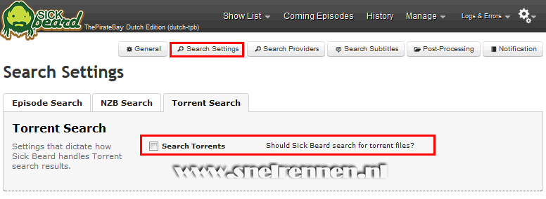 SickBeard configuration, search settings configuration, torrent search