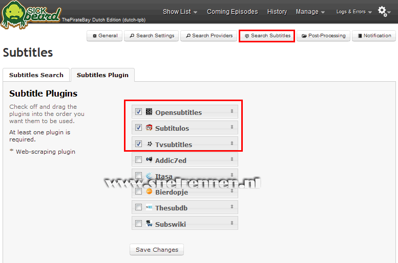 SickBeard configuration, search settings configuration, subtitle plugin