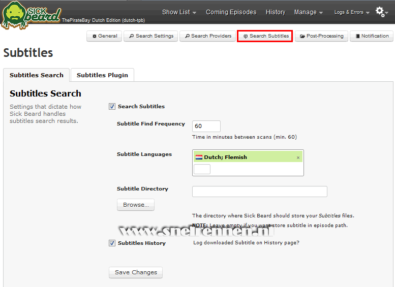 SickBeard configuration, search settings configuration, subtitle search