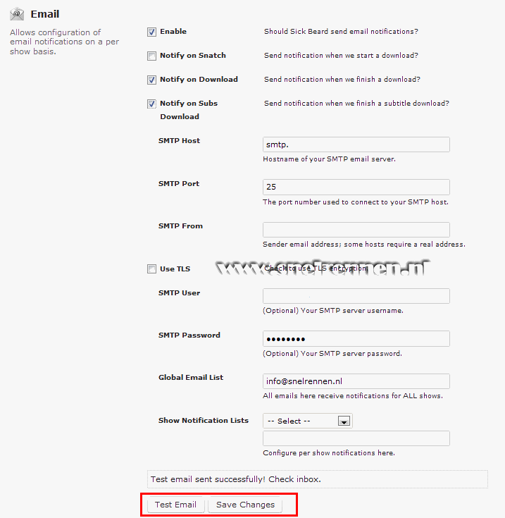SickBeard configuration, sear email notification configuration,