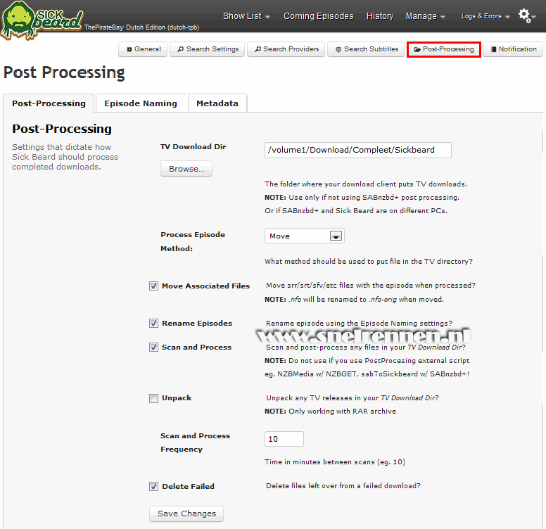 SickBeard configuration, search settings configuration, post processing 