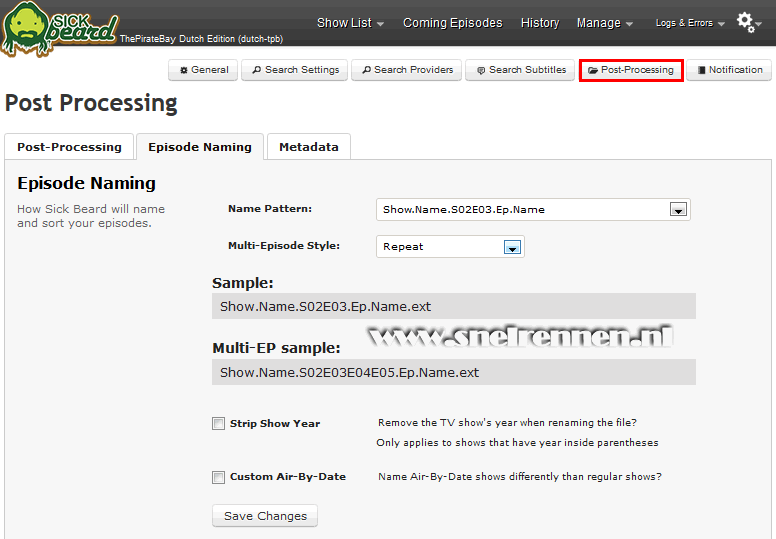 SickBeard configuration, search settings configuration, post processing - episode naming