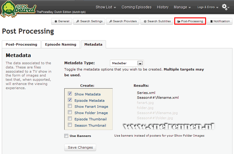 SickBeard configuration, search settings configuration, post processing - metadata