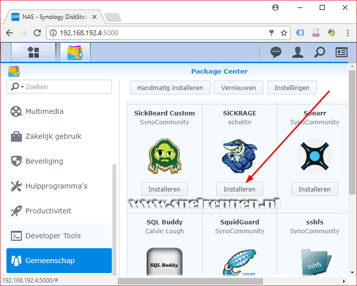 SickRage van uit het package center instaleren