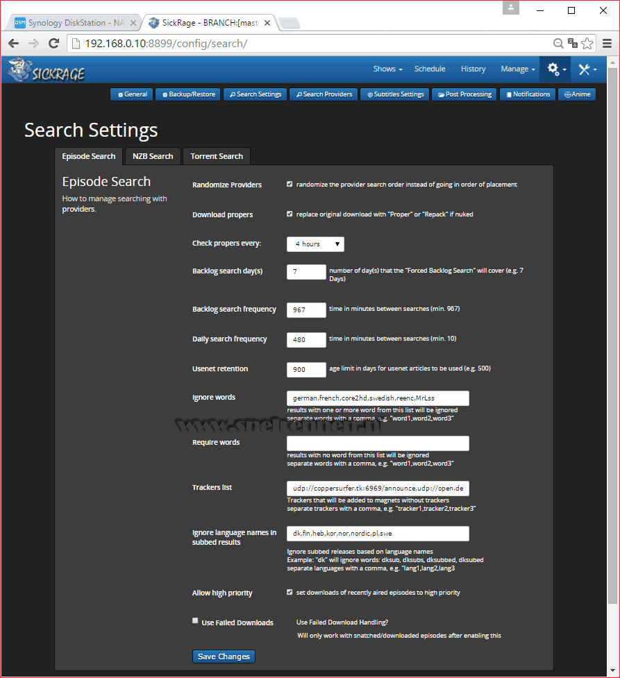 SickRage configuration, search settings configuration, episode search