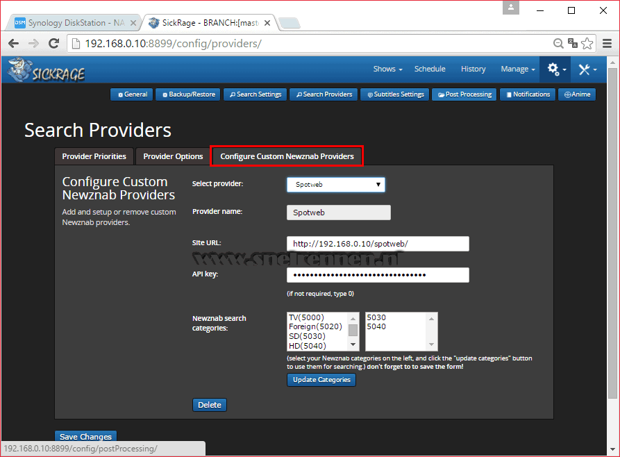 SickRage configuration, search settings configuration, search provider toevoegen