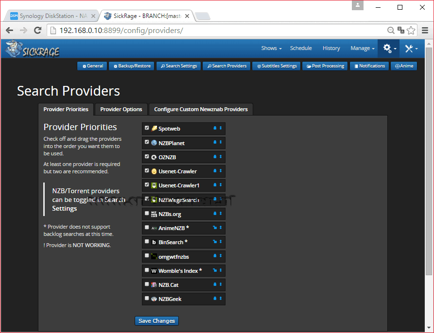 SickRage configuration, search settings configuration, search provider toevoegen