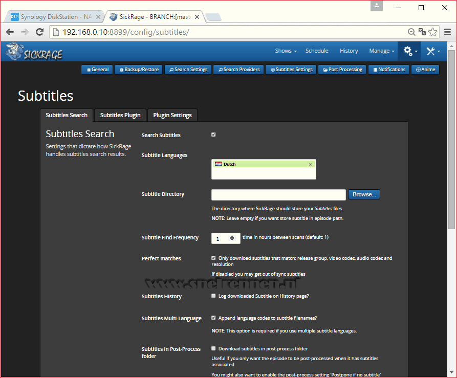 SickRage configuration, search settings configuration, subtitle search