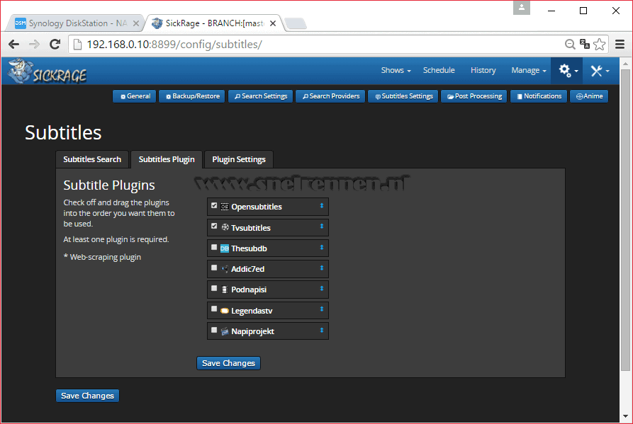 SickRage configuration, search settings configuration, subtitle plugin