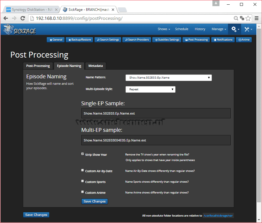 SickRage configuration, search settings configuration, post processing - episode naming