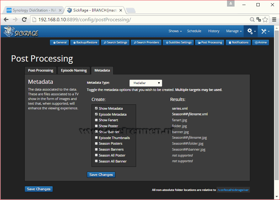 SickRage configuration, search settings configuration, post processing - metadata