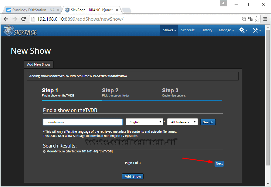 SickRage, Add new show - Step 1