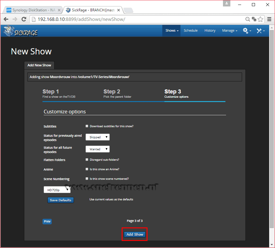 SickRage, Add new show - Stap 3