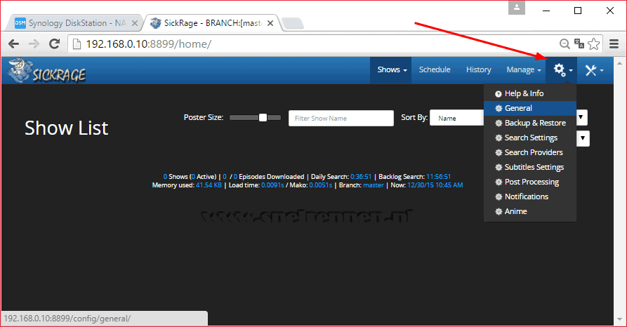 SickRage configureren, settings menu
