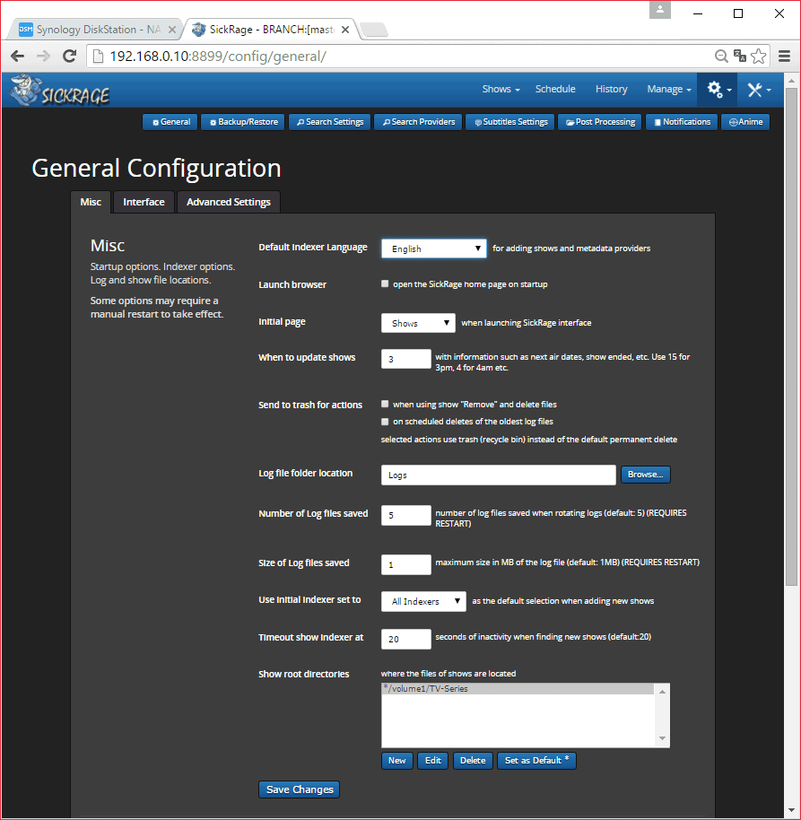 SickRage configuration, general configuration Misc