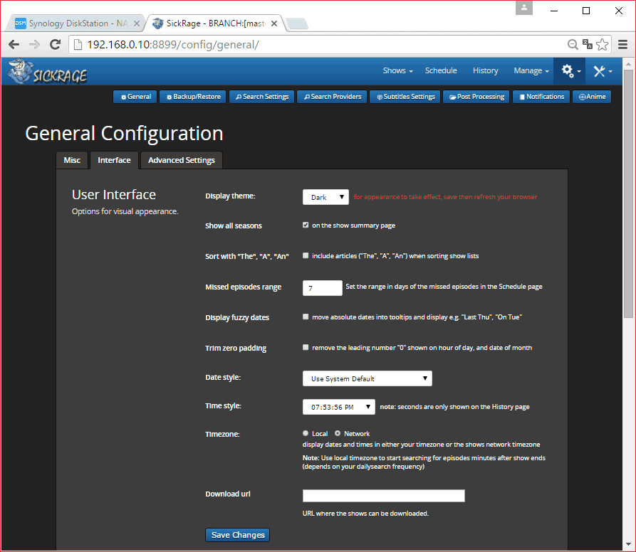 SickRage configuration, general configuration Web Interface