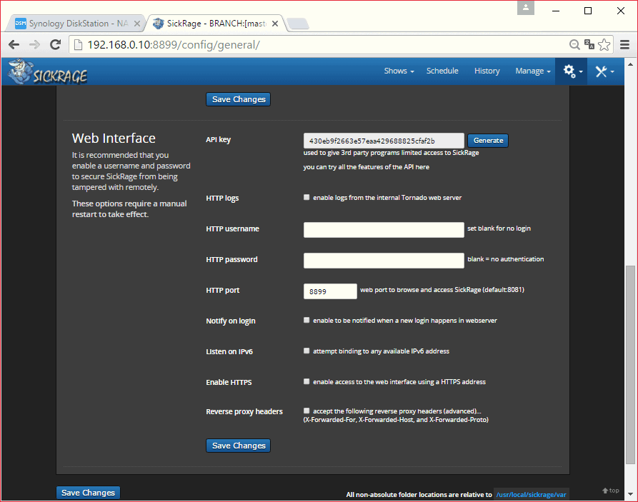 SickRage configuration, general configuration Api key