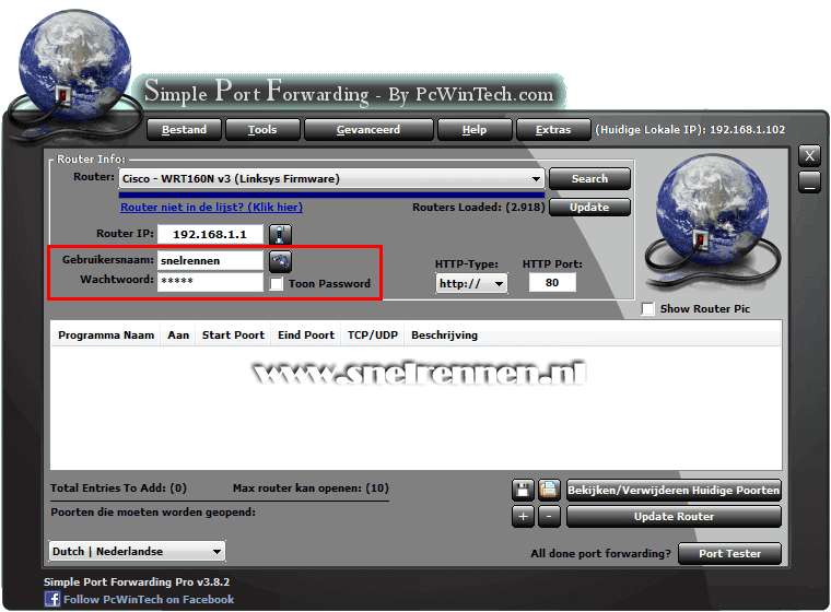 Simple Port Forwarding, inlog gegevens router invoeren