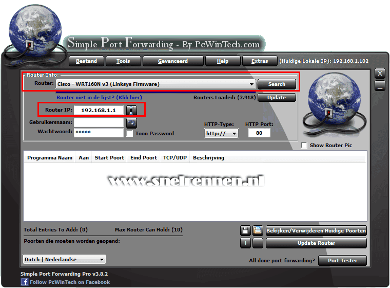 Simple Port Forwarding, router selecteren