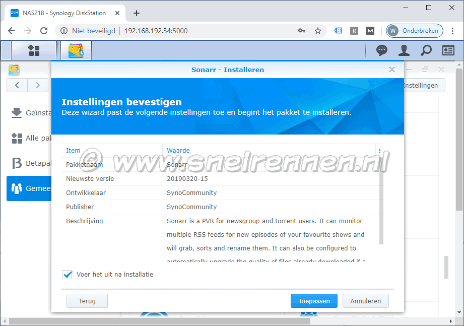 Sonarr installeren, instellingen bevestigen